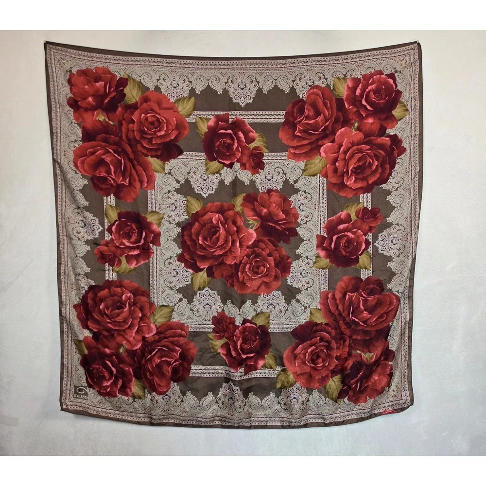 Oscar Scarf Womens 34x34 Brown Red Rose Floral Paisley Romantic Cottagecore